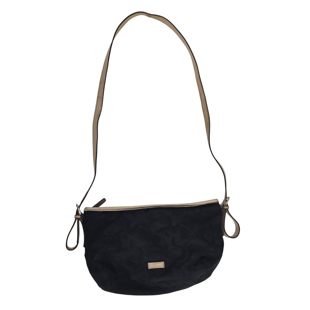 PELLE BORSA Black Tonal Camo Nylon Crossbody Bag Beige Trim Adjustable Strap GUC